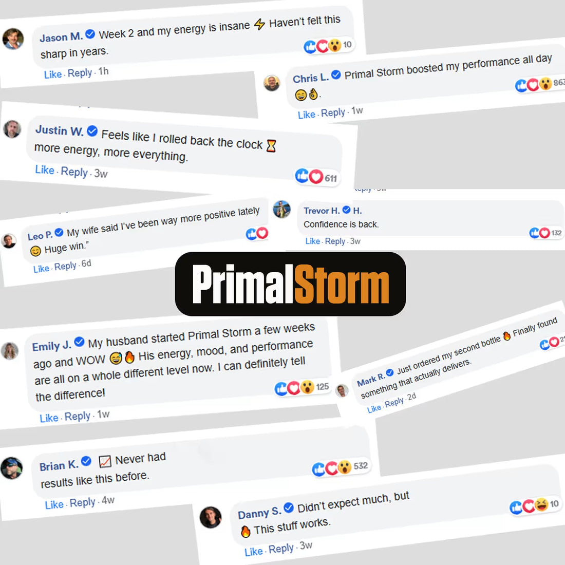 Collage of customer comments about Primal Storm